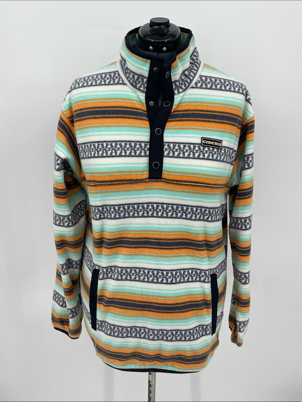Cinch WOMENS SIZE S Striped Snap-Up PULLOVER Fleece in Mint, Orange & Gray